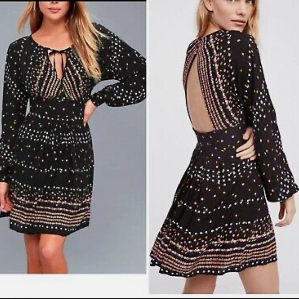 $128 FREE PEOPLE BLACK PRINTED LONG SLEEVE CORYN MINI DRESS Sz 4  :W07: